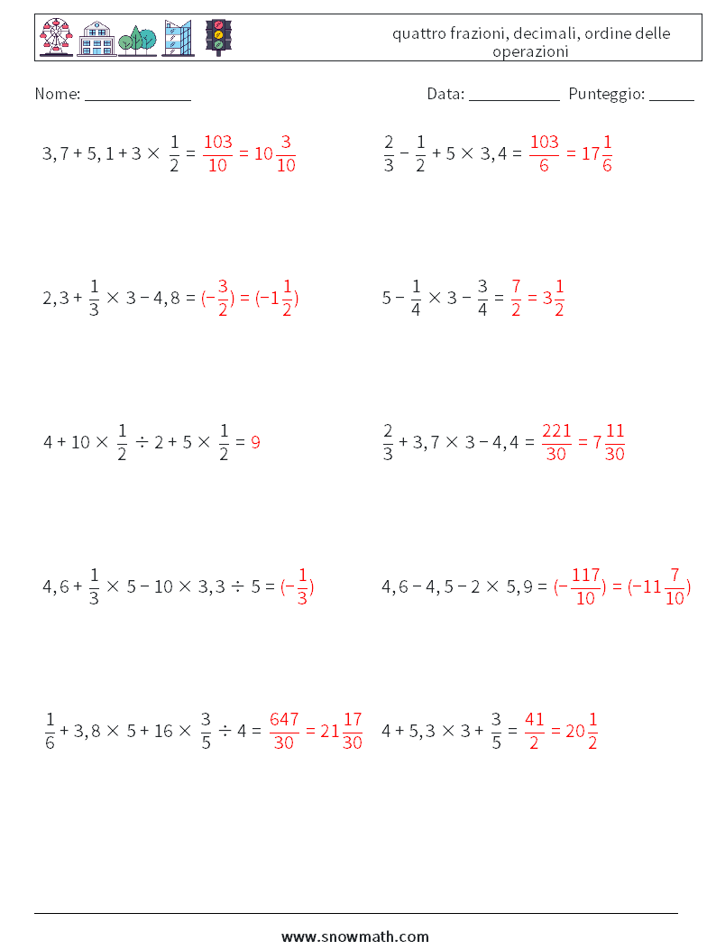 (10) quattro frazioni, decimali, ordine delle operazioni Fogli di lavoro di matematica 2 Domanda, Risposta