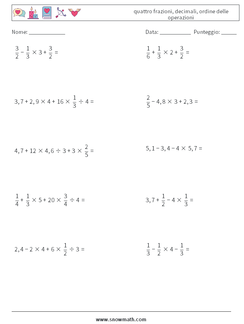 (10) quattro frazioni, decimali, ordine delle operazioni Fogli di lavoro di matematica 3