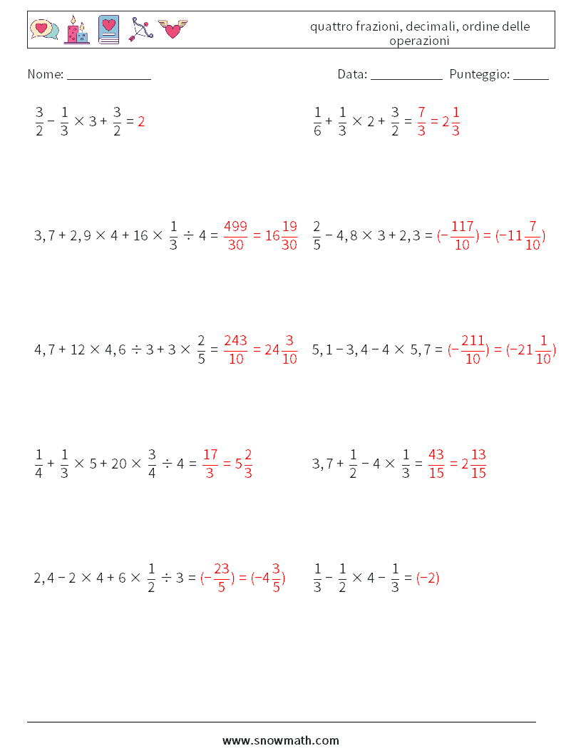 (10) quattro frazioni, decimali, ordine delle operazioni Fogli di lavoro di matematica 3 Domanda, Risposta