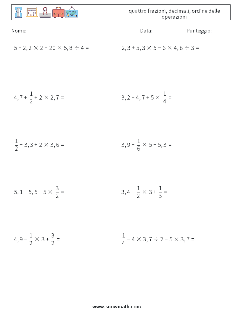 (10) quattro frazioni, decimali, ordine delle operazioni Fogli di lavoro di matematica 4