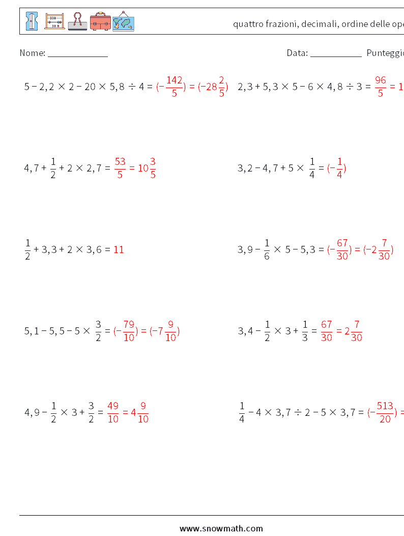 (10) quattro frazioni, decimali, ordine delle operazioni Fogli di lavoro di matematica 4 Domanda, Risposta