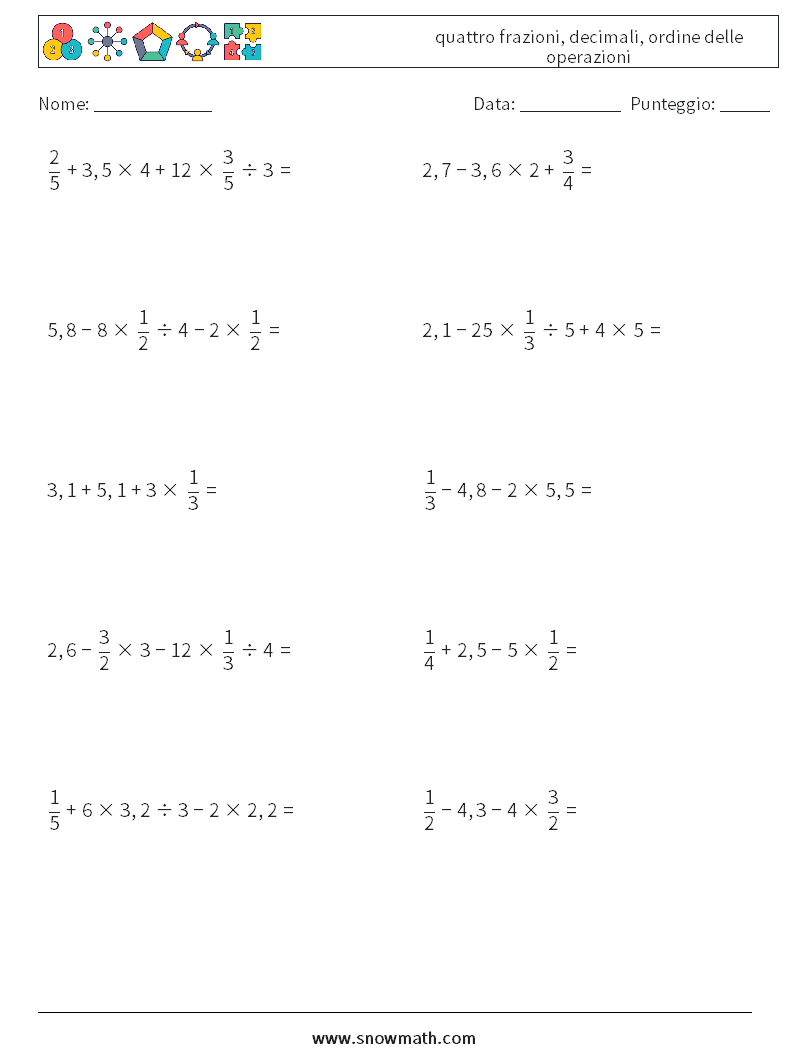 (10) quattro frazioni, decimali, ordine delle operazioni Fogli di lavoro di matematica 5