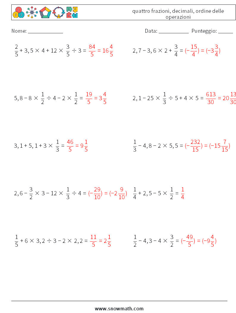 (10) quattro frazioni, decimali, ordine delle operazioni Fogli di lavoro di matematica 5 Domanda, Risposta