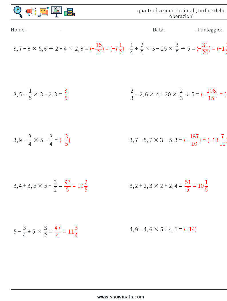 (10) quattro frazioni, decimali, ordine delle operazioni Fogli di lavoro di matematica 6 Domanda, Risposta