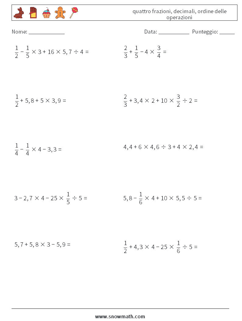 (10) quattro frazioni, decimali, ordine delle operazioni Fogli di lavoro di matematica 7