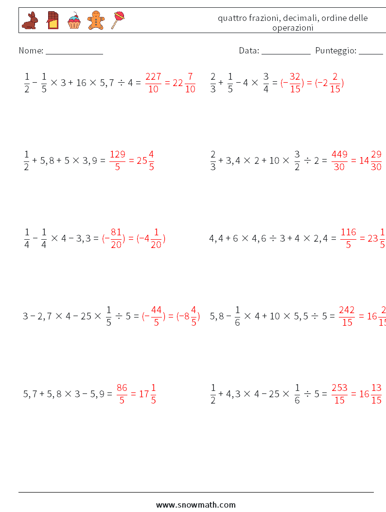 (10) quattro frazioni, decimali, ordine delle operazioni Fogli di lavoro di matematica 7 Domanda, Risposta
