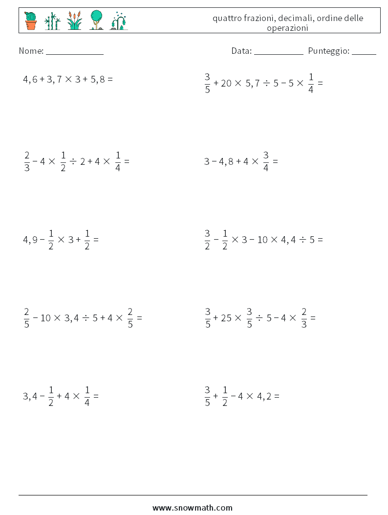 (10) quattro frazioni, decimali, ordine delle operazioni Fogli di lavoro di matematica 8