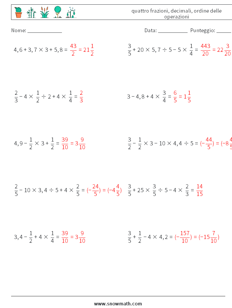 (10) quattro frazioni, decimali, ordine delle operazioni Fogli di lavoro di matematica 8 Domanda, Risposta