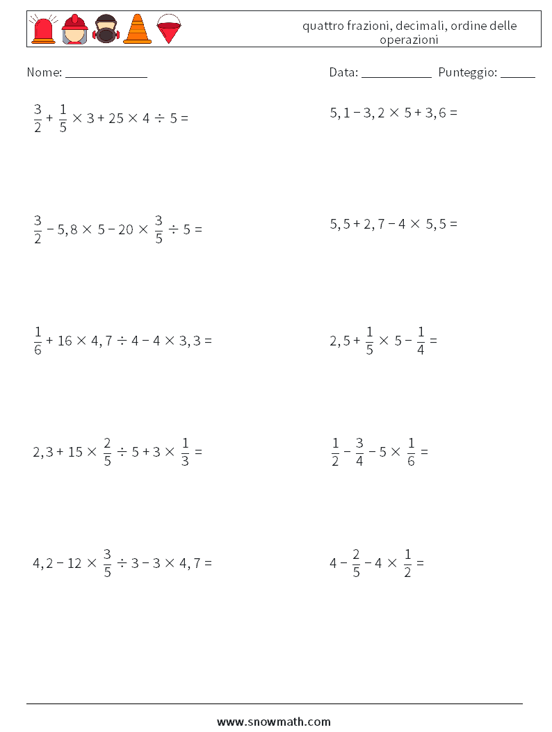 (10) quattro frazioni, decimali, ordine delle operazioni Fogli di lavoro di matematica 9