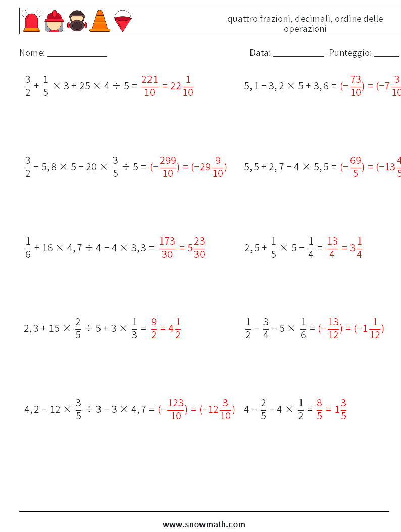 (10) quattro frazioni, decimali, ordine delle operazioni Fogli di lavoro di matematica 9 Domanda, Risposta