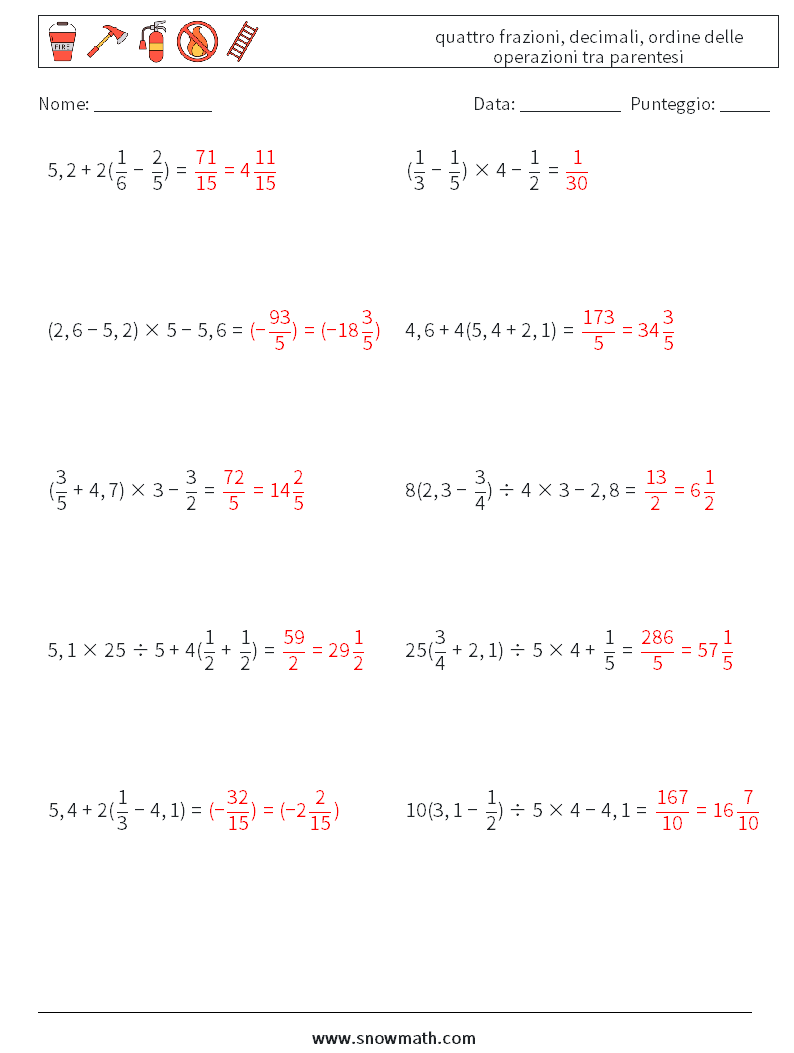 (10) quattro frazioni, decimali, ordine delle operazioni tra parentesi Fogli di lavoro di matematica 10 Domanda, Risposta