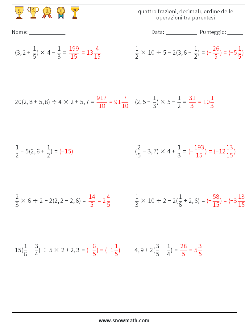 (10) quattro frazioni, decimali, ordine delle operazioni tra parentesi Fogli di lavoro di matematica 11 Domanda, Risposta