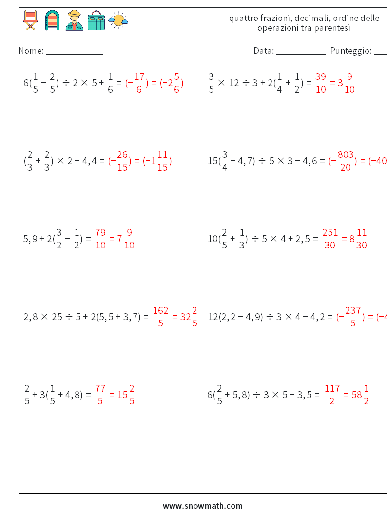 (10) quattro frazioni, decimali, ordine delle operazioni tra parentesi Fogli di lavoro di matematica 12 Domanda, Risposta