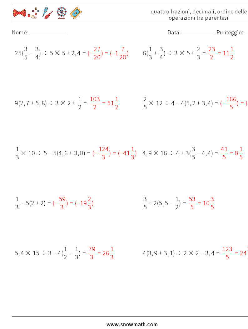 (10) quattro frazioni, decimali, ordine delle operazioni tra parentesi Fogli di lavoro di matematica 14 Domanda, Risposta