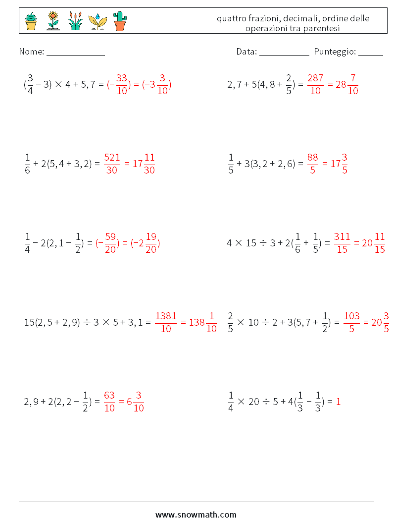 (10) quattro frazioni, decimali, ordine delle operazioni tra parentesi Fogli di lavoro di matematica 15 Domanda, Risposta