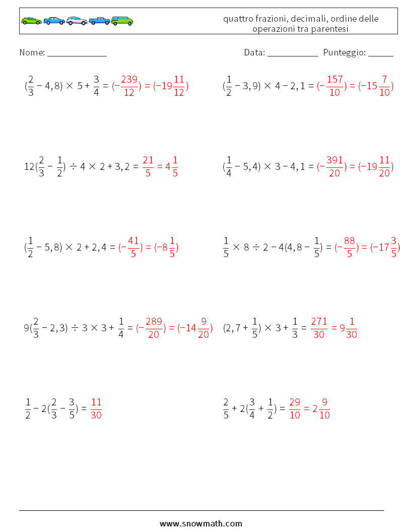 (10) quattro frazioni, decimali, ordine delle operazioni tra parentesi Fogli di lavoro di matematica 16 Domanda, Risposta