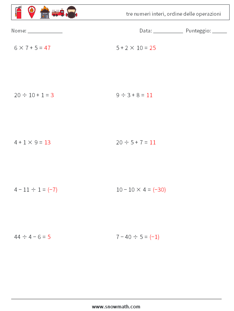(10) tre numeri interi, ordine delle operazioni Fogli di lavoro di matematica 10 Domanda, Risposta