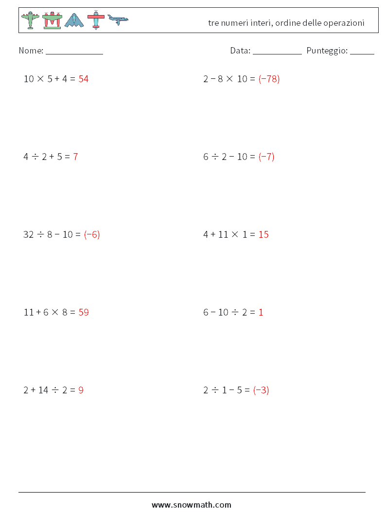 (10) tre numeri interi, ordine delle operazioni Fogli di lavoro di matematica 12 Domanda, Risposta