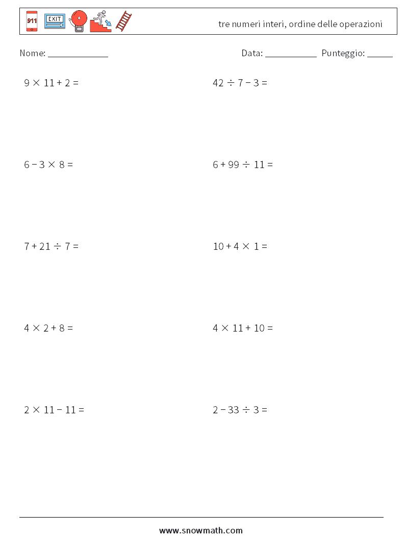 (10) tre numeri interi, ordine delle operazioni Fogli di lavoro di matematica 13