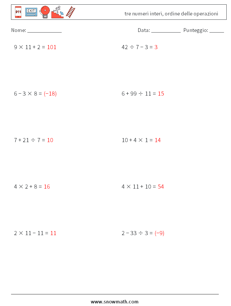 (10) tre numeri interi, ordine delle operazioni Fogli di lavoro di matematica 13 Domanda, Risposta