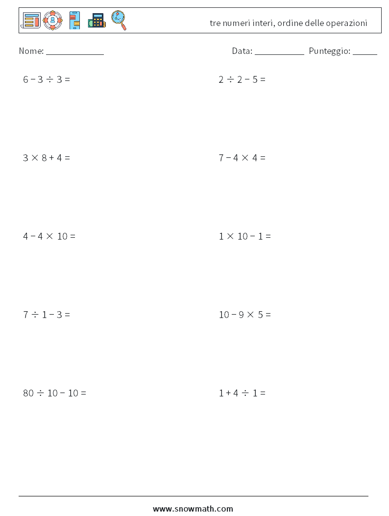 (10) tre numeri interi, ordine delle operazioni Fogli di lavoro di matematica 14