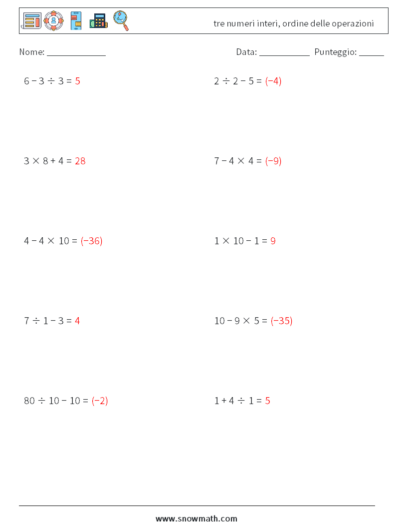 (10) tre numeri interi, ordine delle operazioni Fogli di lavoro di matematica 14 Domanda, Risposta