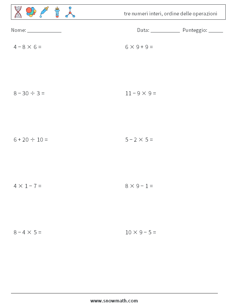 (10) tre numeri interi, ordine delle operazioni Fogli di lavoro di matematica 15