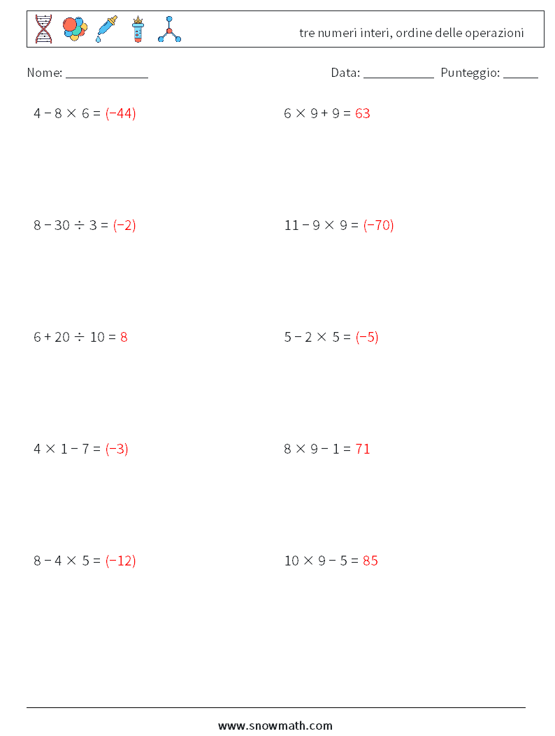 (10) tre numeri interi, ordine delle operazioni Fogli di lavoro di matematica 15 Domanda, Risposta