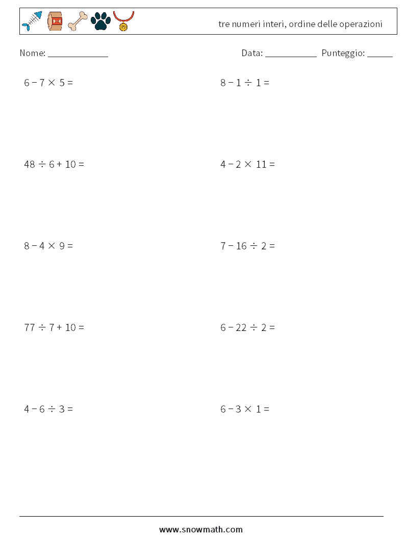 (10) tre numeri interi, ordine delle operazioni Fogli di lavoro di matematica 16
