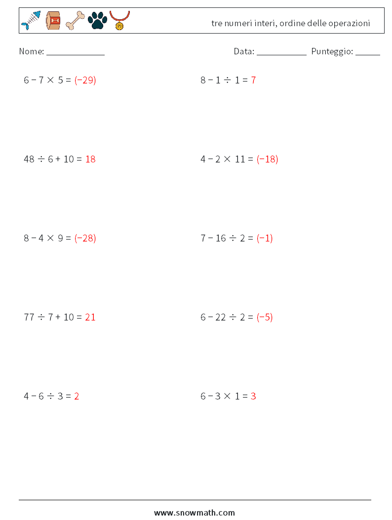 (10) tre numeri interi, ordine delle operazioni Fogli di lavoro di matematica 16 Domanda, Risposta