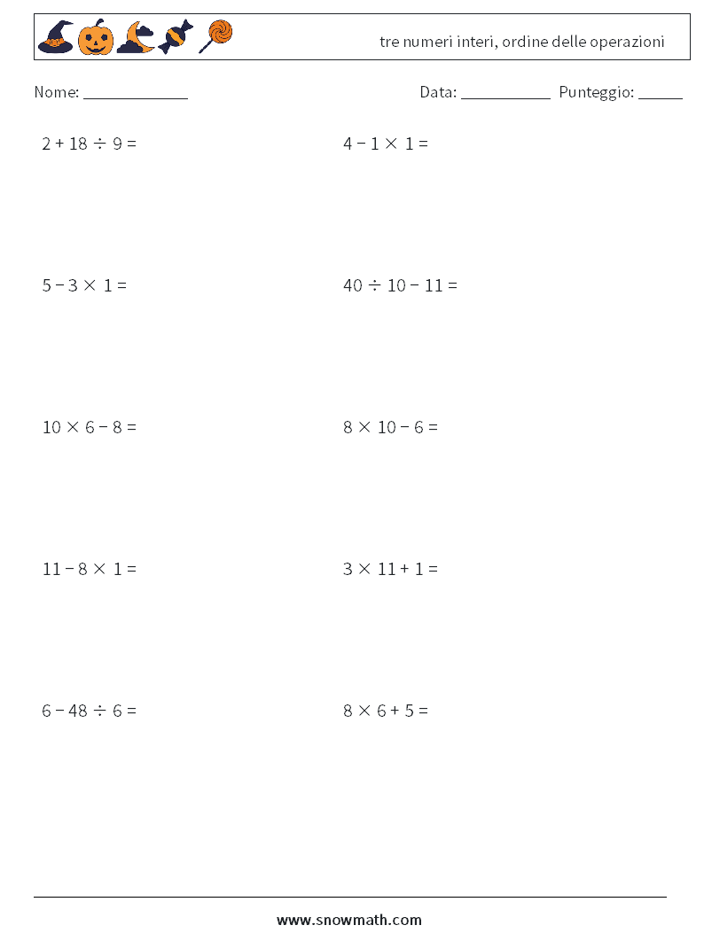 (10) tre numeri interi, ordine delle operazioni Fogli di lavoro di matematica 17
