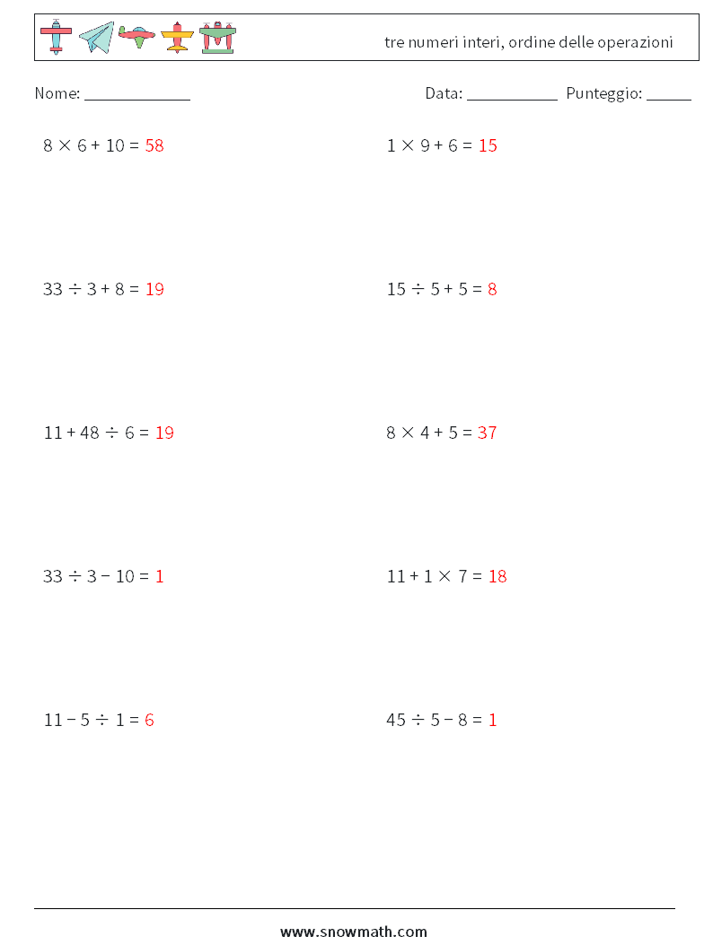 (10) tre numeri interi, ordine delle operazioni Fogli di lavoro di matematica 18 Domanda, Risposta