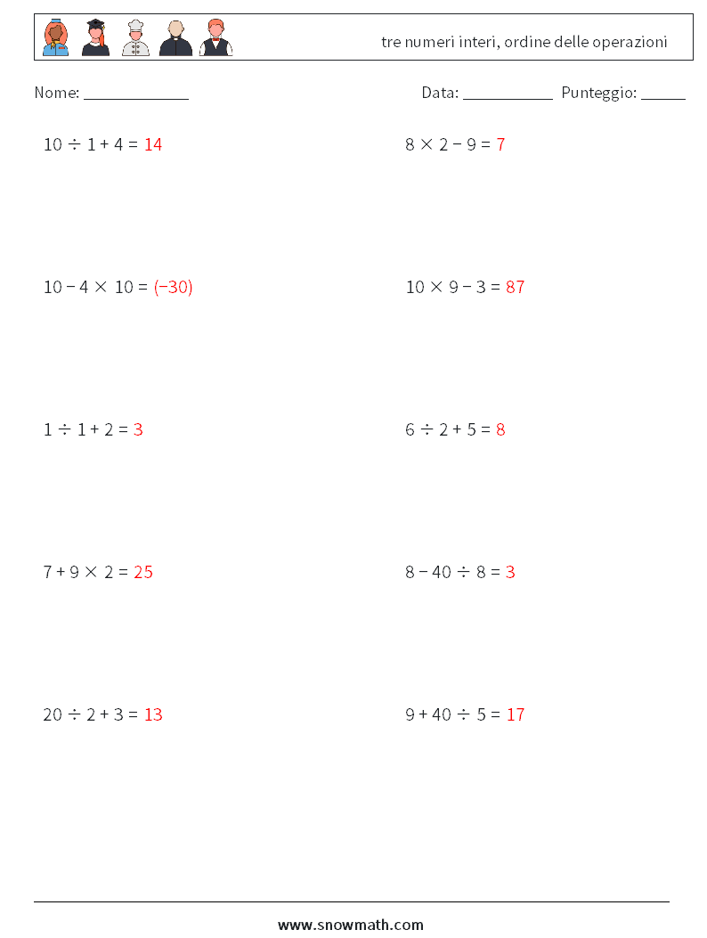 (10) tre numeri interi, ordine delle operazioni Fogli di lavoro di matematica 2 Domanda, Risposta