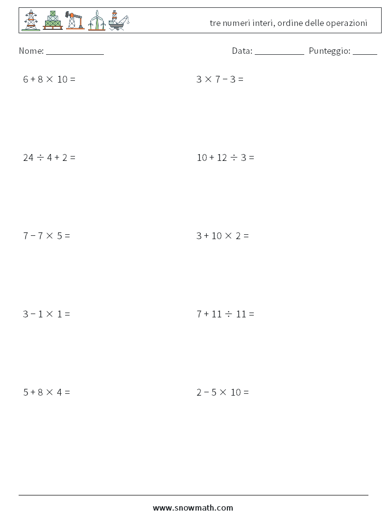 (10) tre numeri interi, ordine delle operazioni Fogli di lavoro di matematica 3