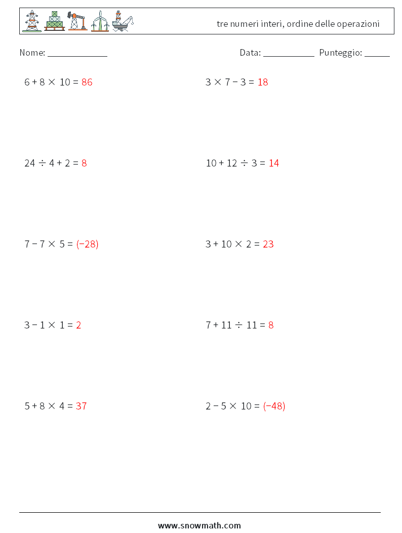(10) tre numeri interi, ordine delle operazioni Fogli di lavoro di matematica 3 Domanda, Risposta