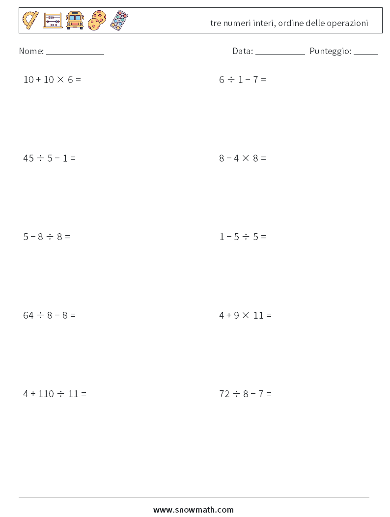 (10) tre numeri interi, ordine delle operazioni Fogli di lavoro di matematica 4