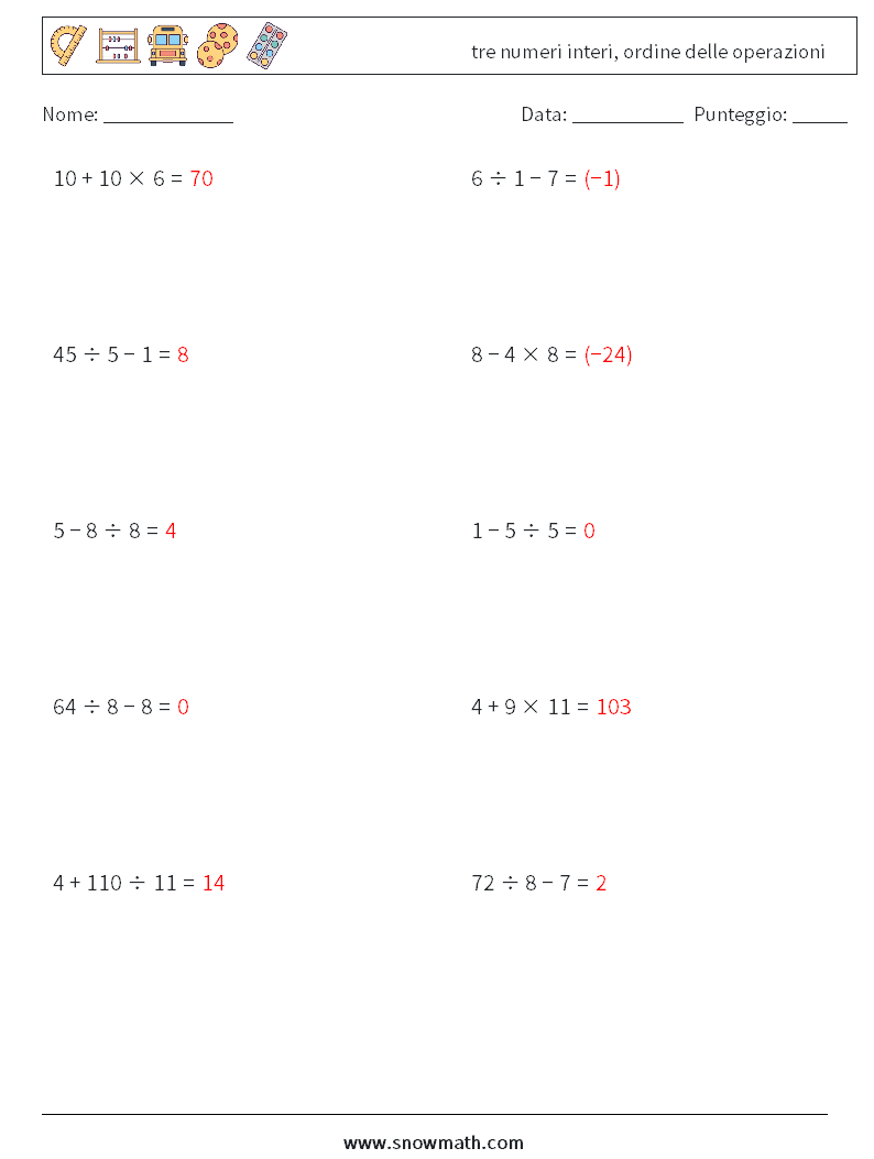 (10) tre numeri interi, ordine delle operazioni Fogli di lavoro di matematica 4 Domanda, Risposta