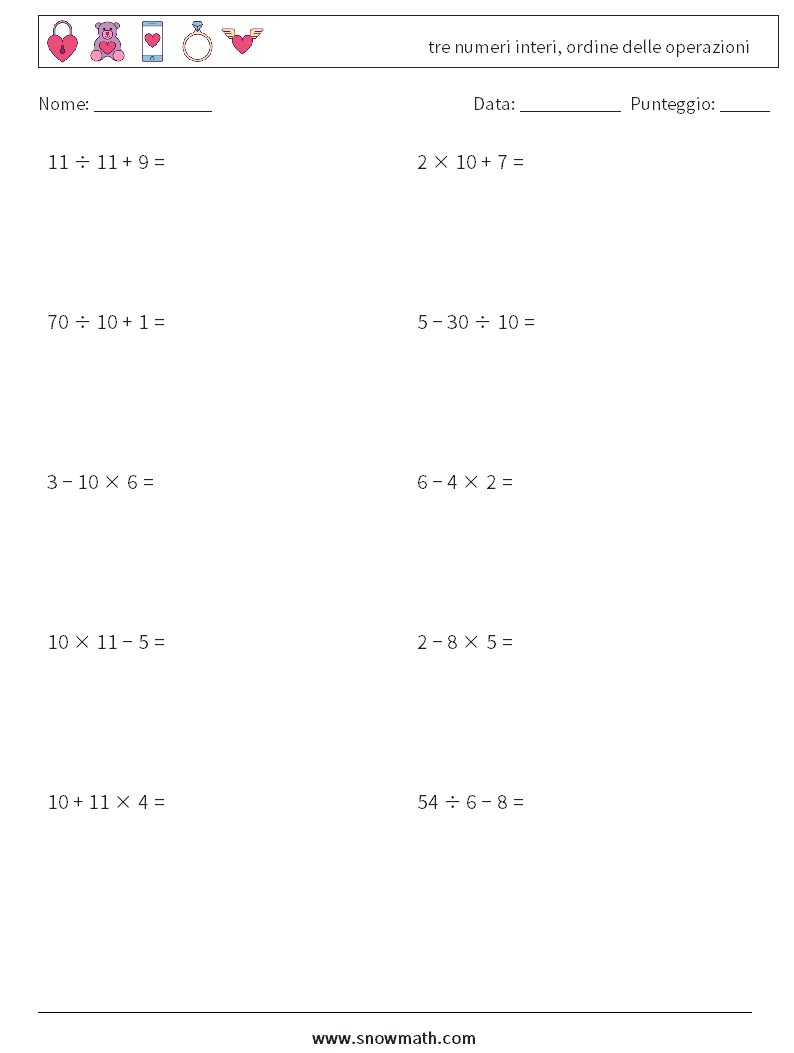 (10) tre numeri interi, ordine delle operazioni Fogli di lavoro di matematica 5