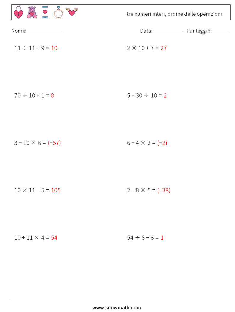 (10) tre numeri interi, ordine delle operazioni Fogli di lavoro di matematica 5 Domanda, Risposta