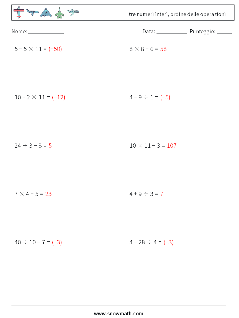 (10) tre numeri interi, ordine delle operazioni Fogli di lavoro di matematica 6 Domanda, Risposta