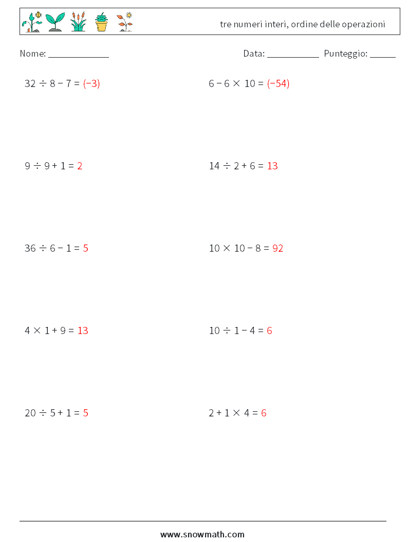 (10) tre numeri interi, ordine delle operazioni Fogli di lavoro di matematica 8 Domanda, Risposta