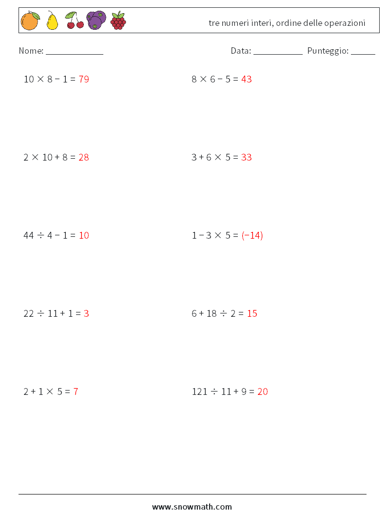 (10) tre numeri interi, ordine delle operazioni Fogli di lavoro di matematica 9 Domanda, Risposta