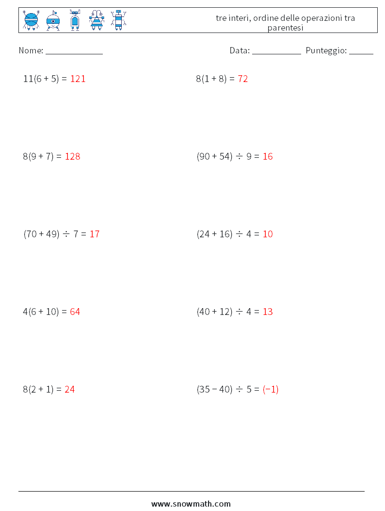 (10) tre interi, ordine delle operazioni tra parentesi Fogli di lavoro di matematica 13 Domanda, Risposta