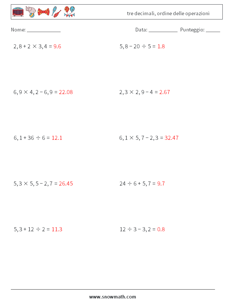 (10) tre decimali, ordine delle operazioni Fogli di lavoro di matematica 14 Domanda, Risposta