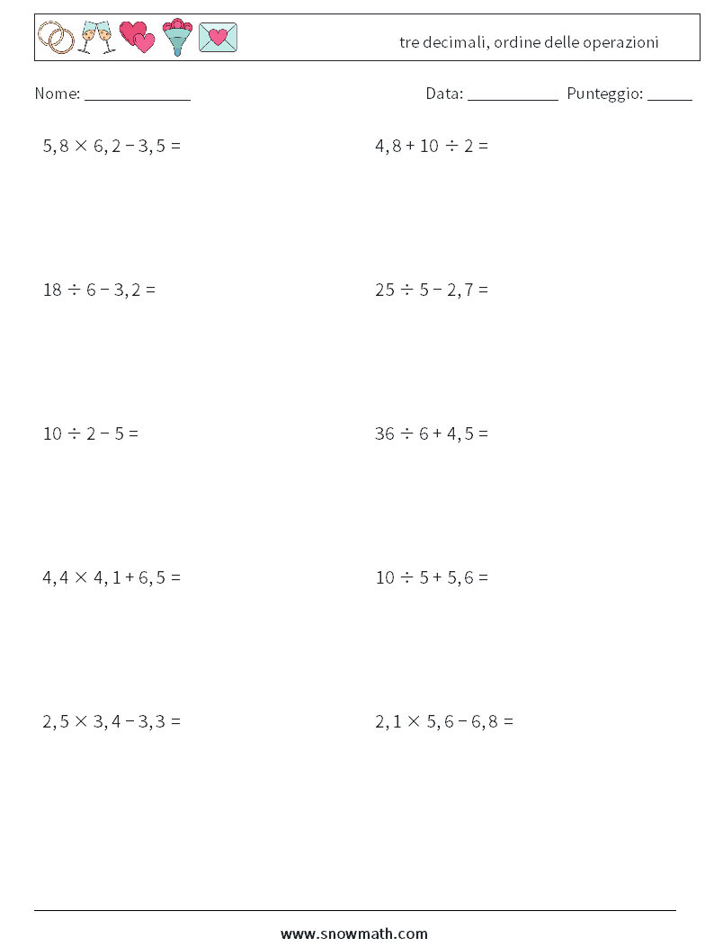 (10) tre decimali, ordine delle operazioni Fogli di lavoro di matematica 17