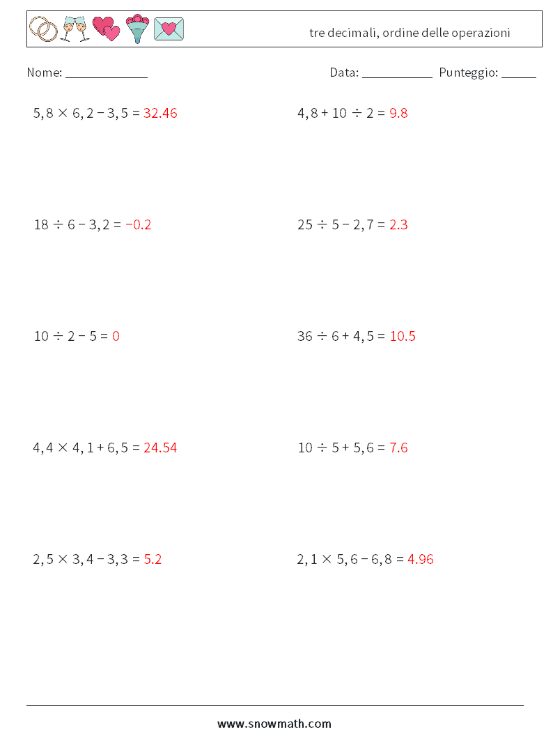 (10) tre decimali, ordine delle operazioni Fogli di lavoro di matematica 17 Domanda, Risposta