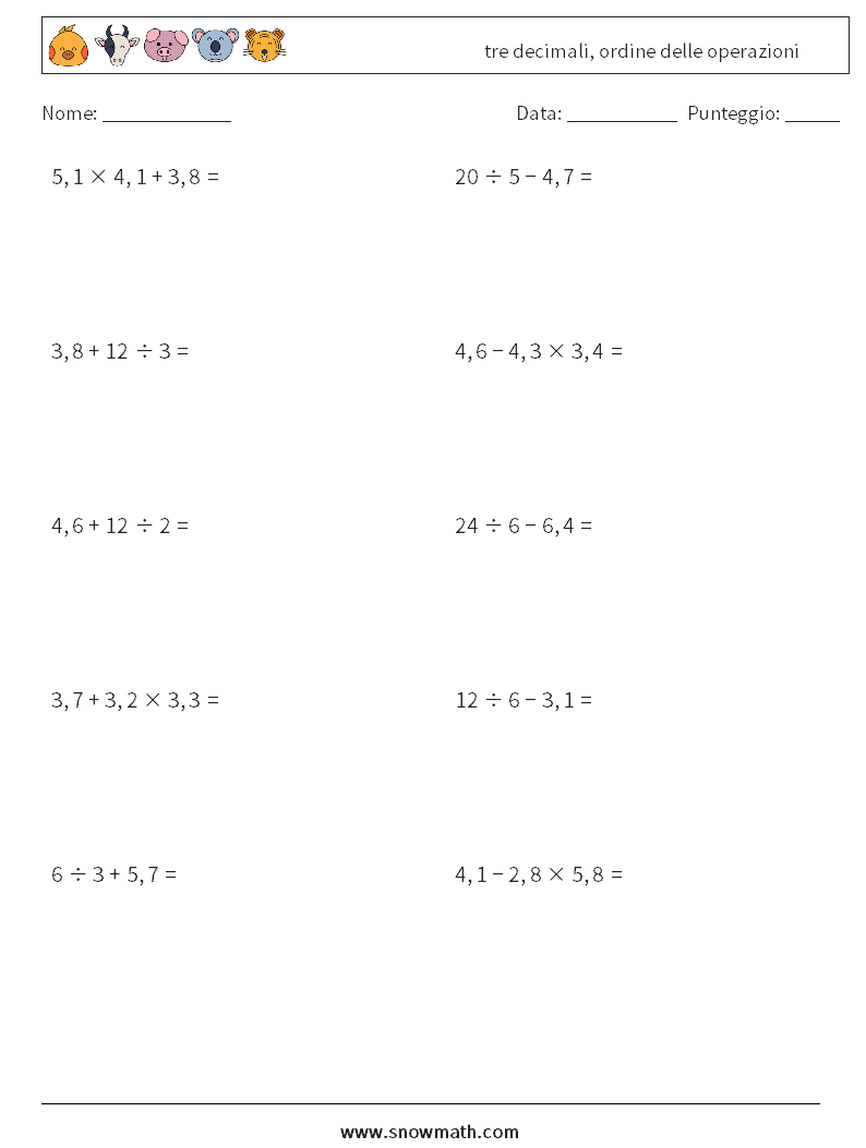 (10) tre decimali, ordine delle operazioni Fogli di lavoro di matematica 18