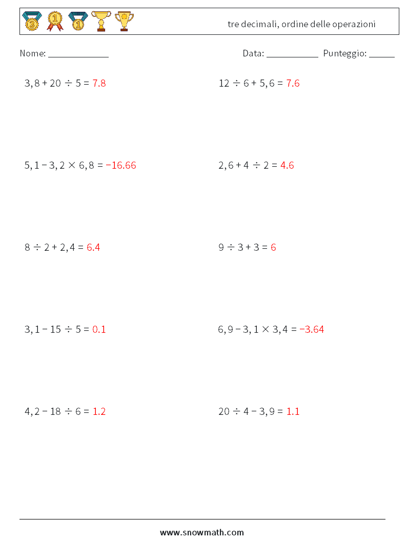 (10) tre decimali, ordine delle operazioni Fogli di lavoro di matematica 1 Domanda, Risposta