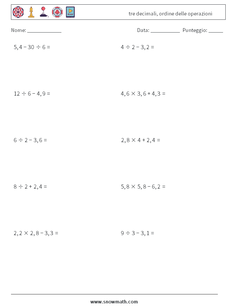 (10) tre decimali, ordine delle operazioni Fogli di lavoro di matematica 2
