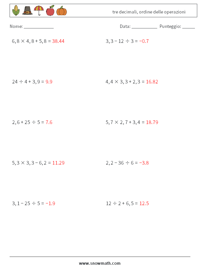 (10) tre decimali, ordine delle operazioni Fogli di lavoro di matematica 4 Domanda, Risposta